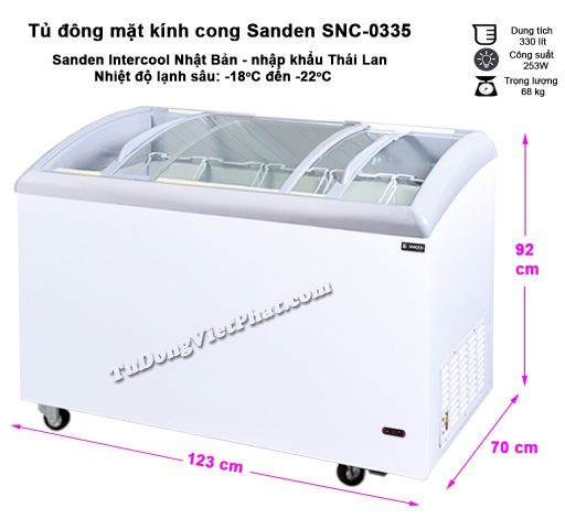 Kích thước tủ đông Sanden Intercool SNC-0355 mặt kính