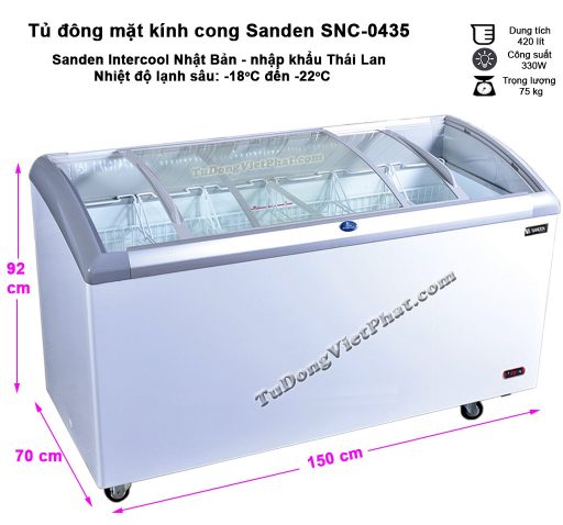 Kích thước tủ đông Sanden Intercool SNC-0435 mặt kính