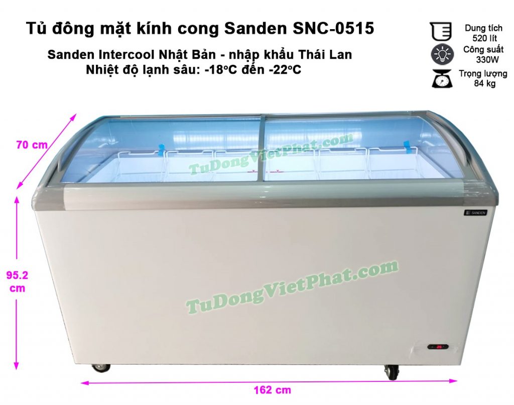 Kích thước tủ đông Sanden Intercool SNC-0515 mặt kính