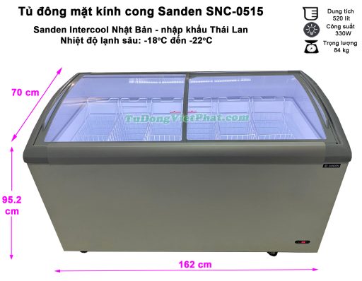 Kích thước tủ đông Sanden Intercool SNC-0515 mặt kính