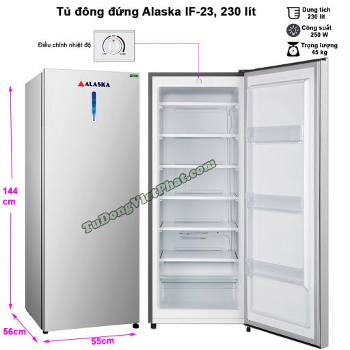Kích thước tủ đông đứng Alaska IF-23 230 lít 6 ngăn đông