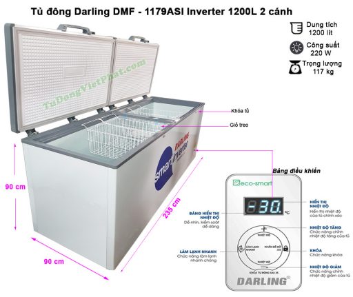 Kích thước tủ đông Darling DMF-1179ASI Inverter 1200L