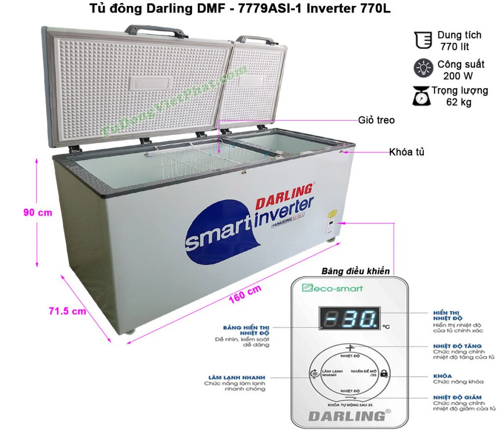 Kích thước tủ đông Darling DMF-7779ASI-1 Inverter 770L