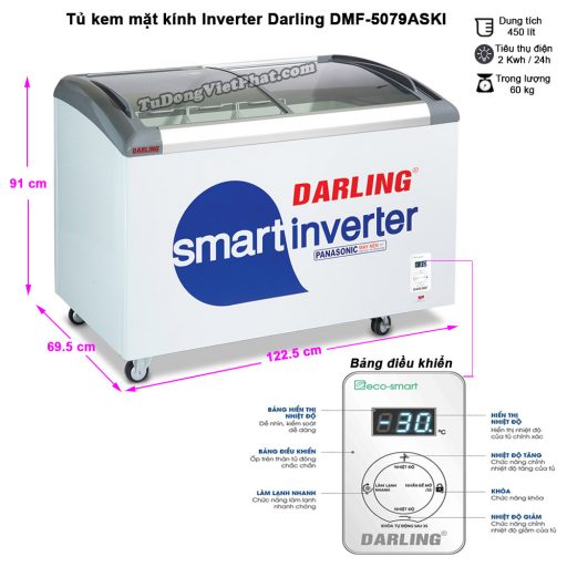 Kích thước tủ kem mặt kính Inverter Darling DMF-5079ASKI, 450L