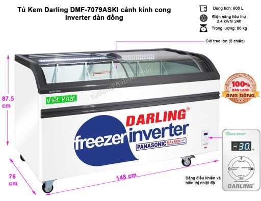 Kích thước tủ kem mặt kính Inverter Darling DMF-7079ASKI