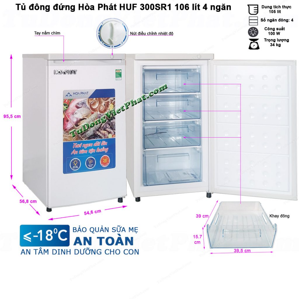Kích thước tủ đông đứng Hòa Phát HUF 300SR1 106 lít 4 ngăn