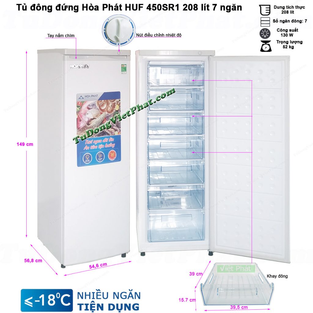 Kích thước tủ đông đứng Hòa Phát HUF 450SR1 208 lít 7 ngăn
