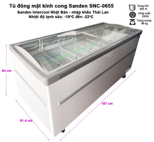 Kích thước tủ đông Sanden Intercool SNC-0655 mặt kính