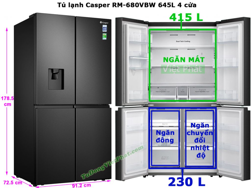 Kích thước tủ lạnh Casper RM-680VBW 645L 4 cửa