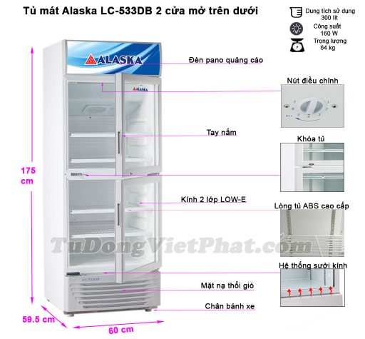 Kích thước tủ mát Alaska LC-533DB 2 cửa trên dưới