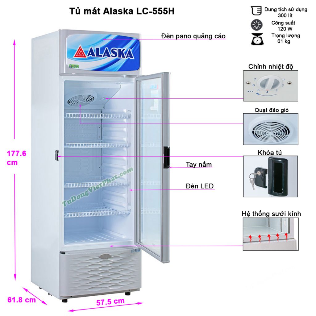 Kích thước tủ mát Alaska LC-555H 350L 1 cửa mở
