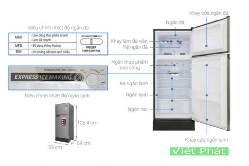 Kích thước tủ lạnh Sharp Inverter 165 lít SJ-X196E-DSS