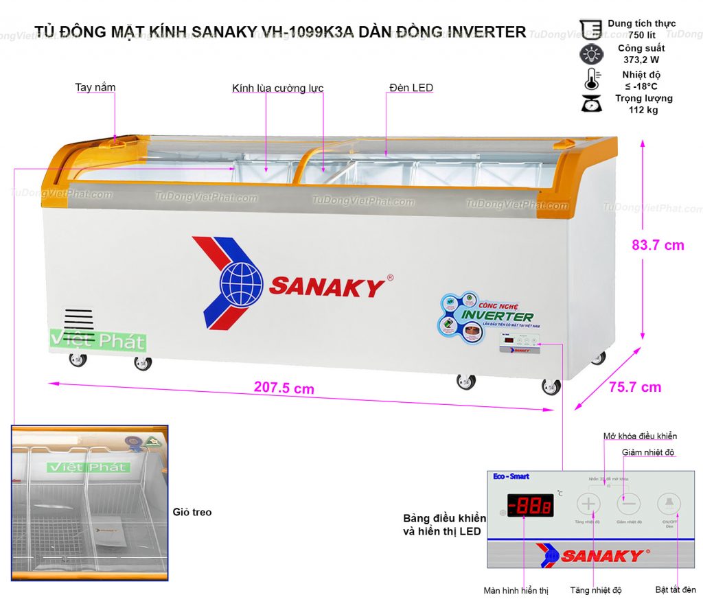 Kích thước tủ đông Sanaky VH-1099K3A Inverter mặt kính cong 750L