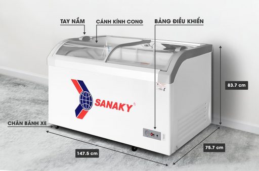 Kích thước tủ đông Sanaky VH-888KA mặt kính cong 500 lít