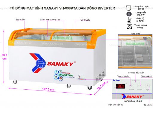 Kích thước tủ đông Sanaky VH-899K3A Inverter mặt kính cong 500L
