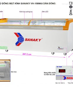 Kích thước tủ đông Sanaky VH-1099KA mặt kính cong 750L