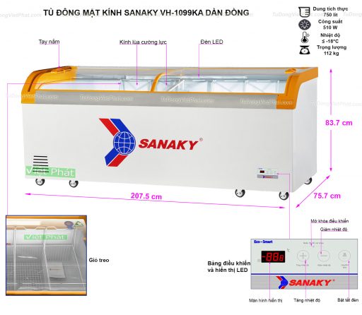 Kích thước tủ đông Sanaky VH-1099KA mặt kính cong 750L