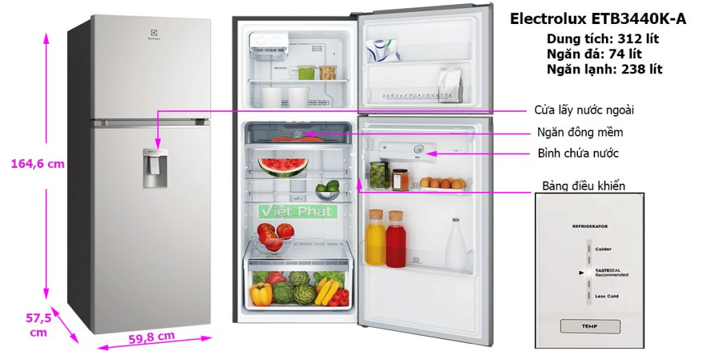 Kích thước tủ lạnh Electrolux ETB3440K-A Inverter 312L ngăn đông mềm