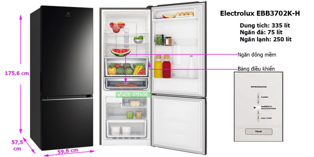 Kích thước tủ lạnh Electrolux EBB3702K-H Inverter