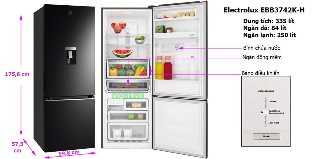 Kích thước tủ lạnh Electrolux EBB3742K-H Inverter 
