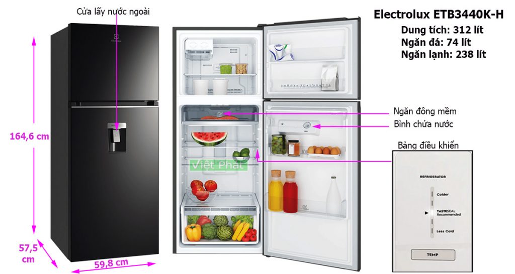 Kích thước tủ lạnh Electrolux ETB3440K-H Inverter 312L 