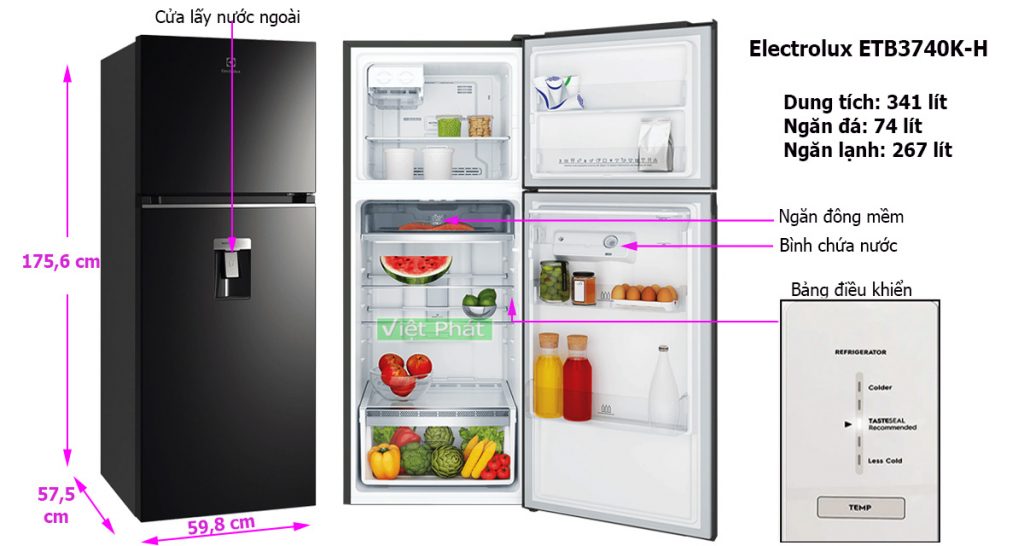 Kích thước tủ lạnh Electrolux ETB3740K-H Inverter