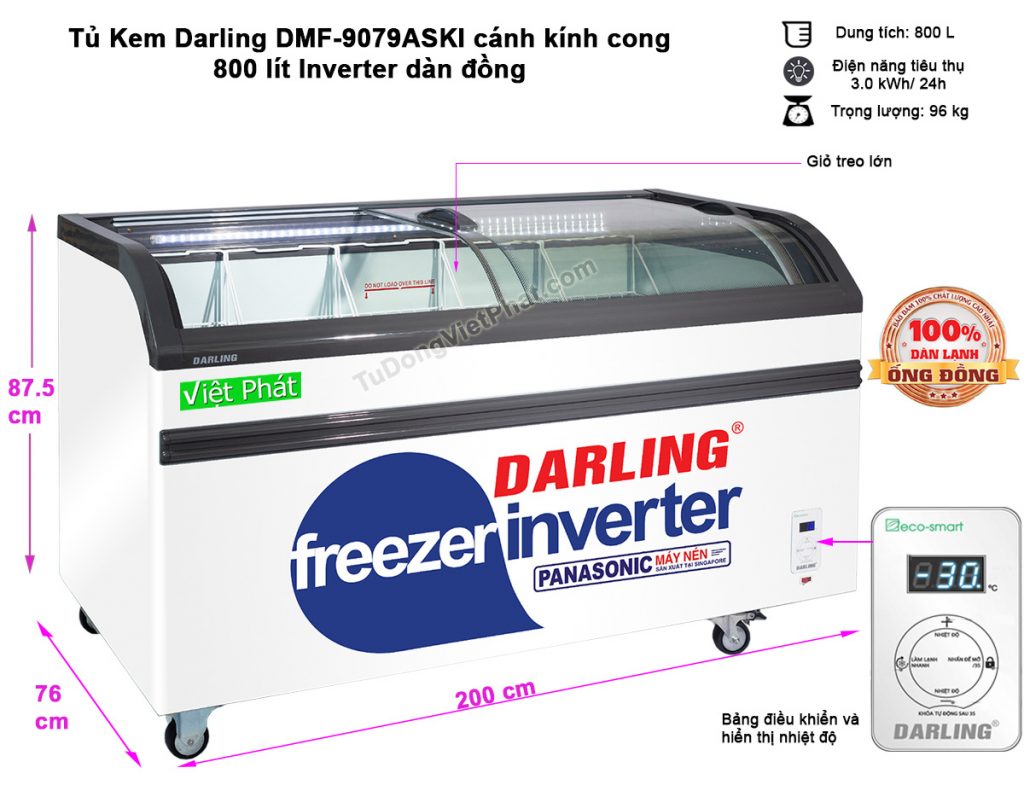 Kích thước tủ kem mặt kính Inverter Darling DMF-9079ASKI