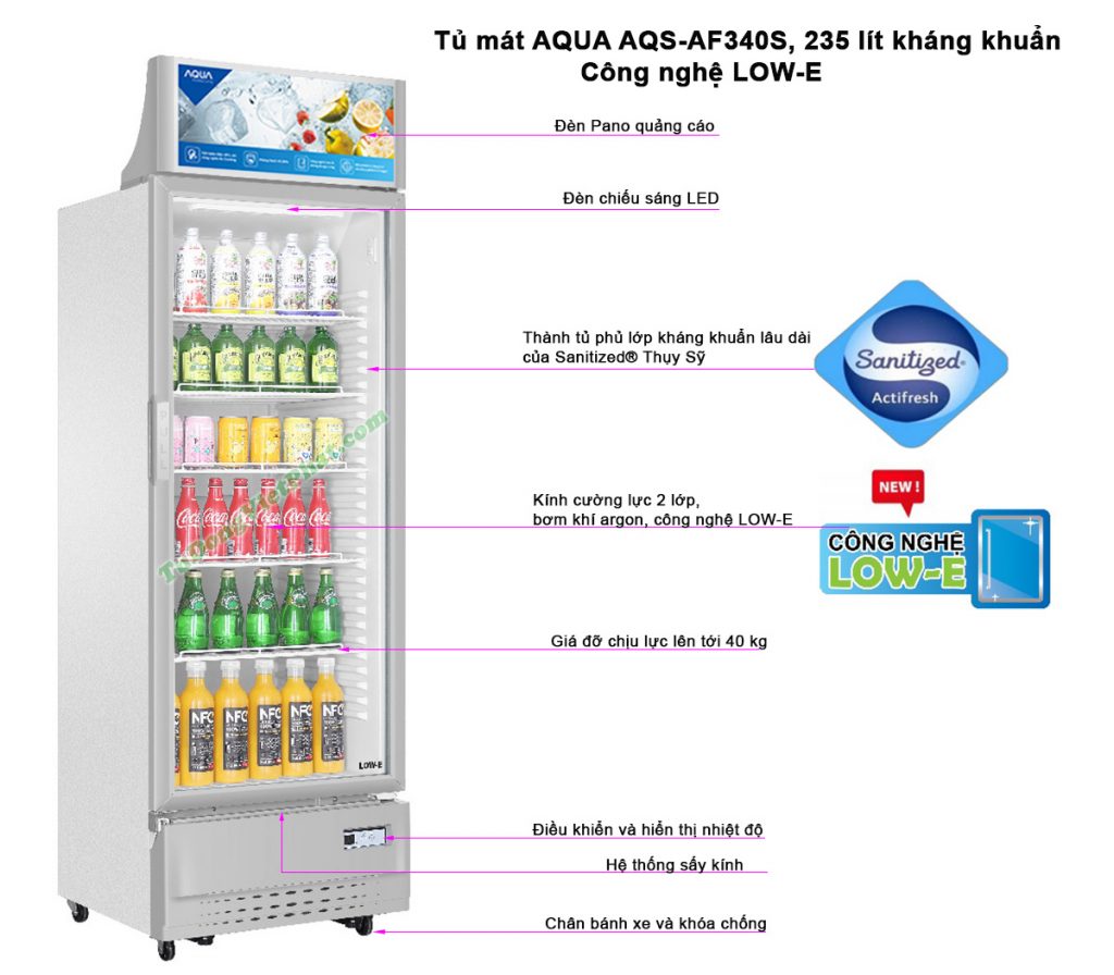 Tủ mát AQUA AQS-AF340S, 235 lít kháng khuẩn LOW-E