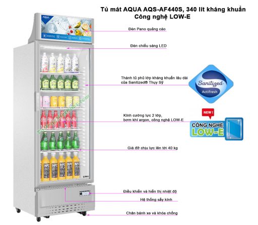 Tủ mát AQUA AQS-AF440S, 340 lít kháng khuẩn LOW-E