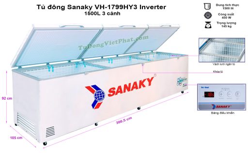 Kích thước tủ đông Sanaky VH-1799HY3 inverter 3 cánh 1500L