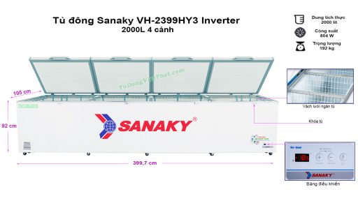 Kích thước tủ đông Sanaky VH-2399HY3 Inverter 2000L 4 cánh