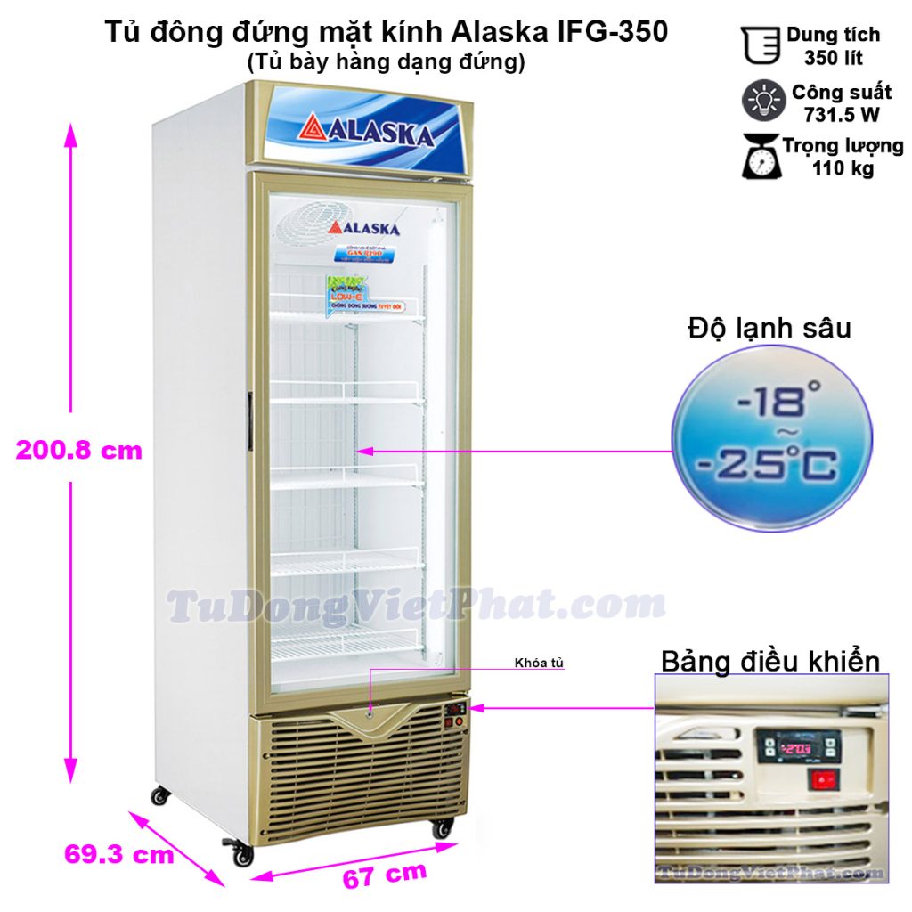 Kích thước tủ đông đứng mặt kính Alaska IFG-350, 350 lít