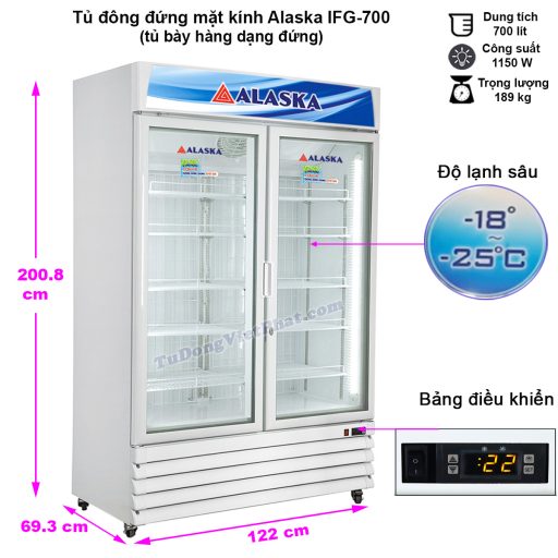 Kích thước tủ đông đứng mặt kính Alaska IFG-700, 700 lít