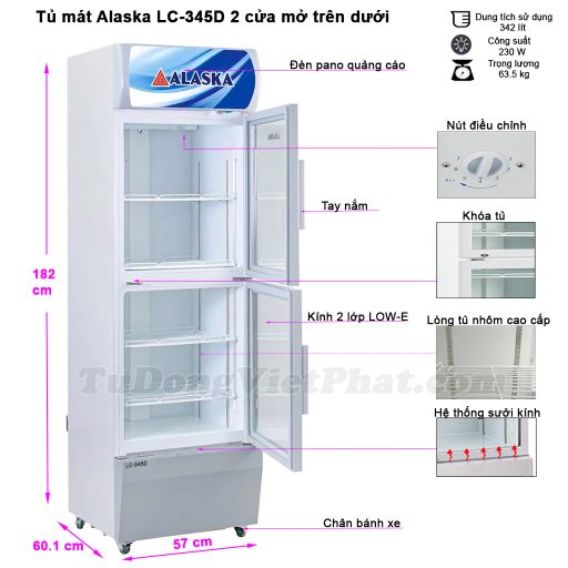 Kích thước tủ mát Alaska LC-345D 2 cửa trên dưới