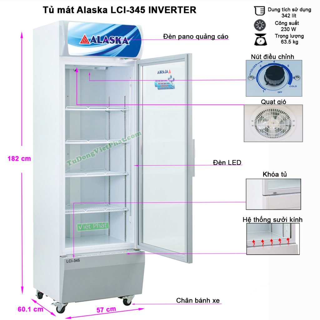Kích thước tủ mát Alaska Inverter LCI-345 400L 1 cửa mở