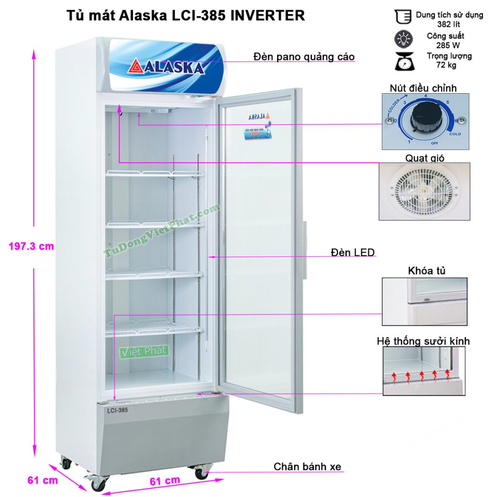 Kích thước tủ mát Alaska LCI-385 450L Inverter