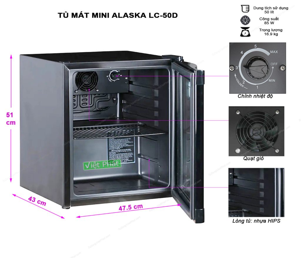 Kích thước tủ mát mini 50 lít Alaska LC-50D mầu đen