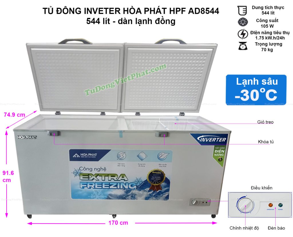 Kích thước tủ đông Hòa Phát HPF AD8544 544L Inverter