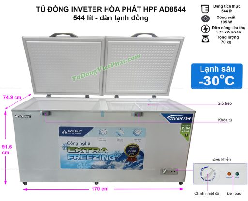 Kích thước tủ đông Hòa Phát HPF AD8544 544L Inverter