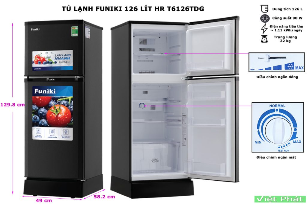 Kích thước tủ lạnh Funiki HR T6126TDG 126 lít