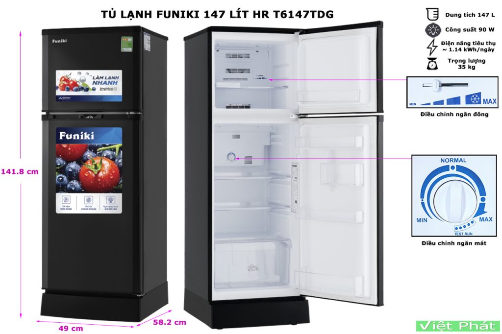 Kích thước tủ lạnh Funiki HR T6147TDG 147 lít