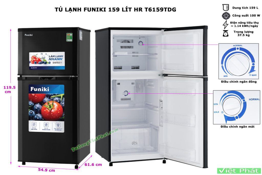 Kích thước tủ lạnh Funiki HR T6159TDG 159 lít