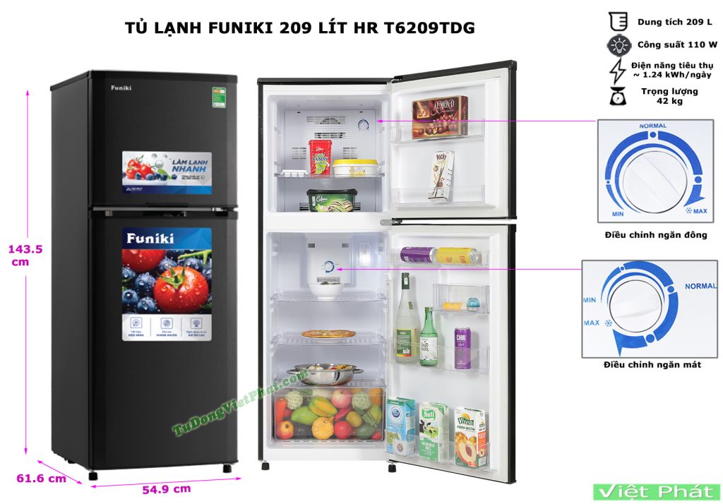 Kích thước tủ lạnh Funiki HR T6209TDG 209 lít