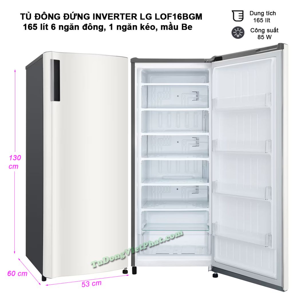 Kích thước tủ đông đứng Inverter LG LOF16BGM 165 lít