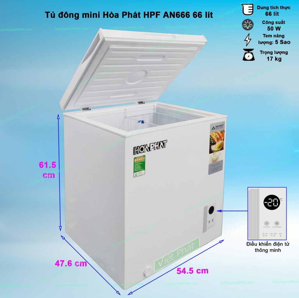 Kích thước tủ đông Hòa Phát HPF AN666 66 lít