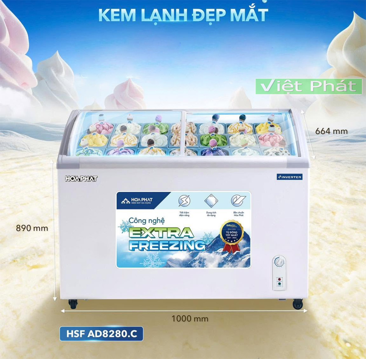 Tủ đông trưng bày Hòa Phát HSF AD8280.C mặt kính inverter 280L