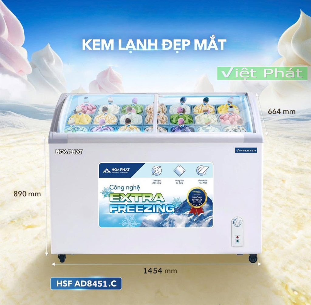 Tủ đông trưng bày Hòa Phát HSF AD8451.C mặt kính inverter 451L